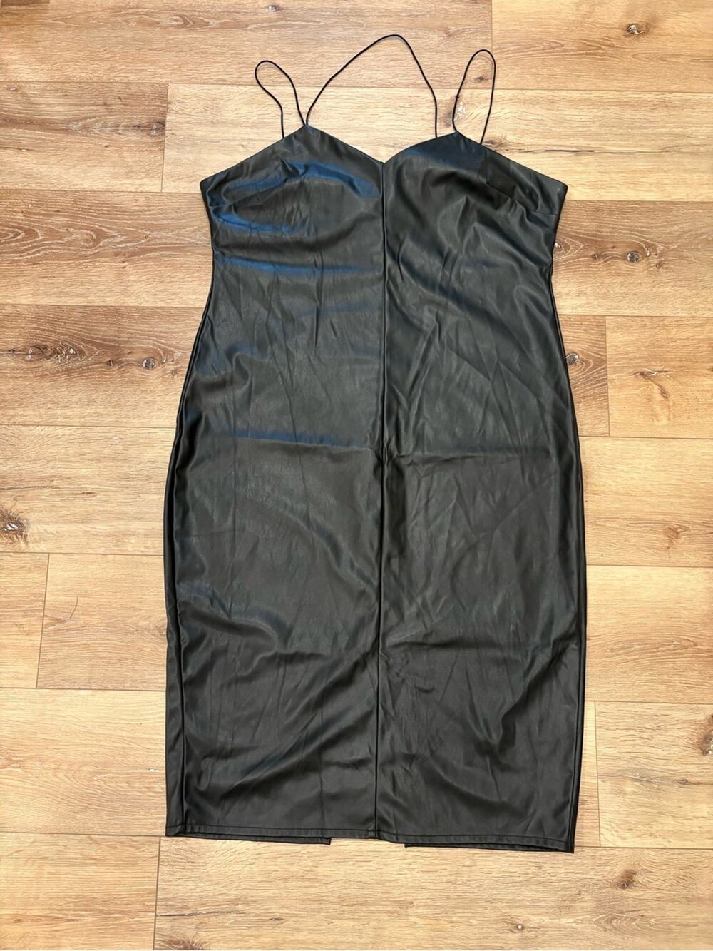 Sleek Black Stretchy Faux Leather Slip Midi Dress with Spaghetti Straps- 2XL